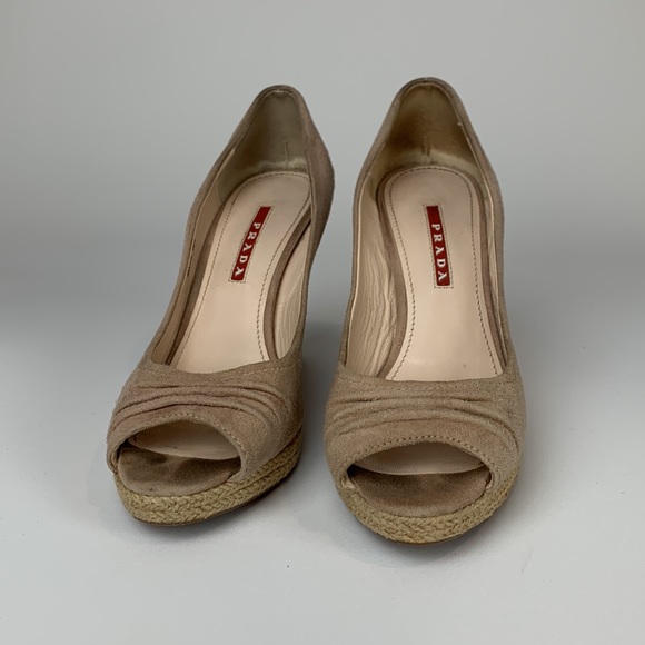 Prada Velvet Suede Wedge Peep Toe Cork Espadrille Blush sz 36.5 - Picture 2 of 7